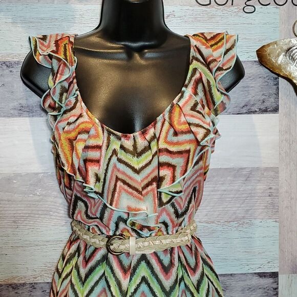 Teeze Me Sz 3 Multicolor Ombre Stripe Ruffle Sleeveless Summer Belted Dress 224 - Picture 5 of 9